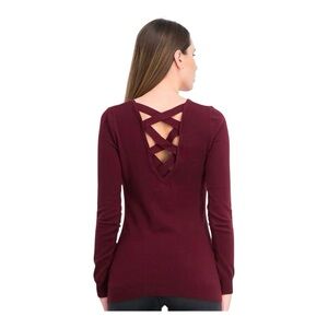 Love Ellie Burgundy Criss-Cross V-Neck Knit Sweater | Size M
